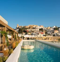 Hotel rooftop pool with the view of Ibiza Town